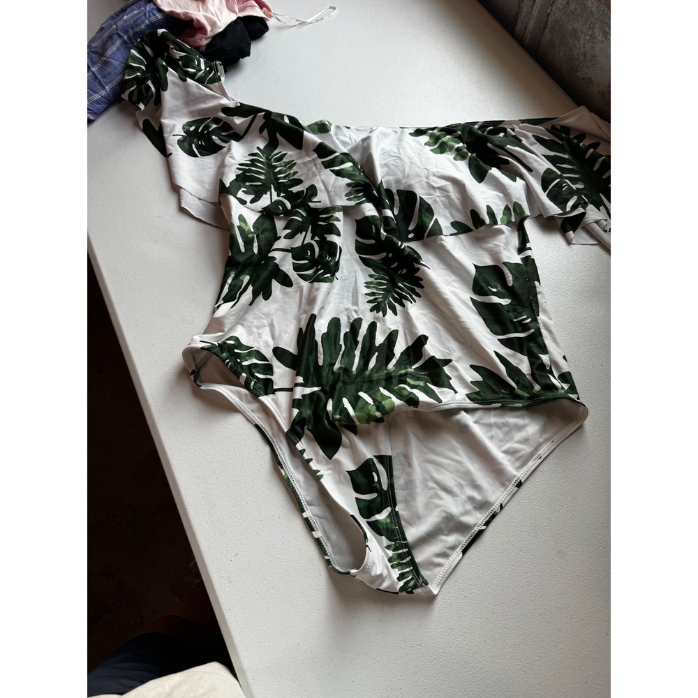 Tropical Palm Leaf Off the Shoulder Ruffle One Piece Swimsuit Green White 20W